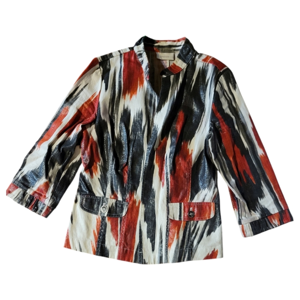 Women's CHICO'S Jacket Blazer Shiny Burnt Reddish Orange Black White Sz 0 S/4